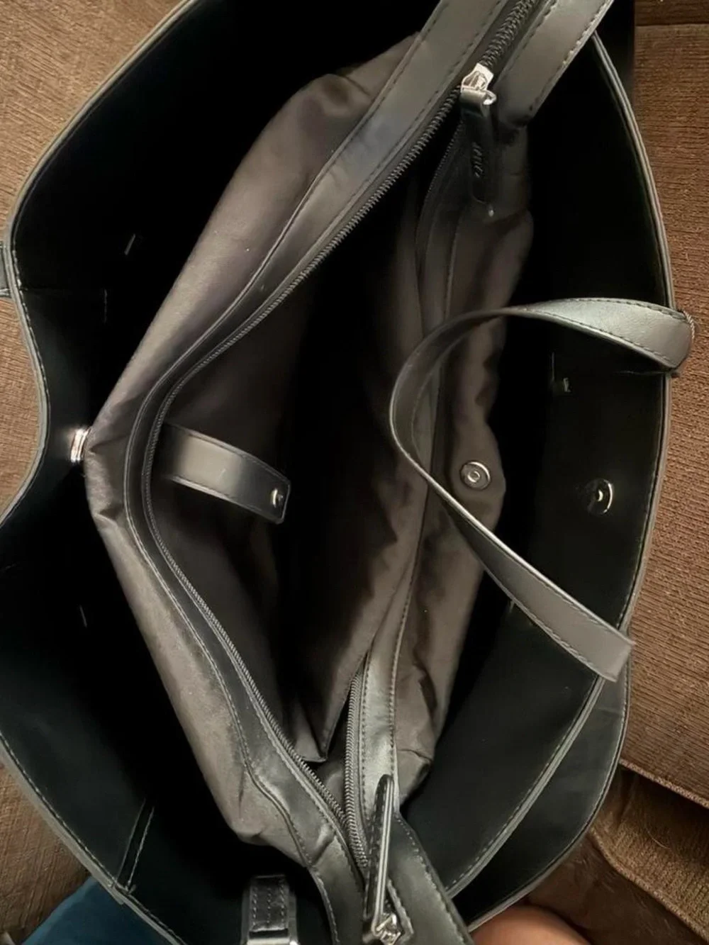 Calpak Black Leather Laptop Tote with Wide Shoulder Strap